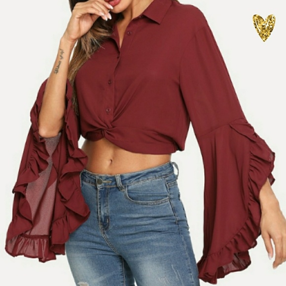 LAST ONE! Twisted Bell Sleeve Boho Crop Top - Picture 5 of 6